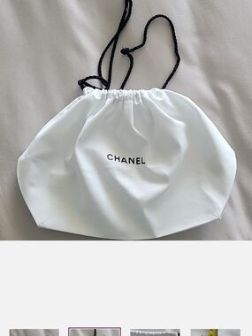 CHANEL White Drawstring Cosmetic Pouch with Black Cord
